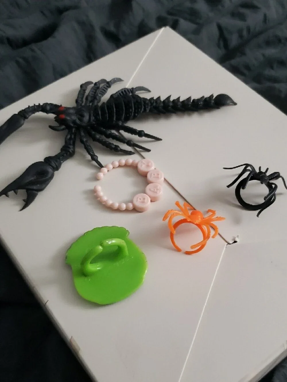 Halloween Toy Assortment - Black Scorpion, Orange & Black Spiders, Green Pot